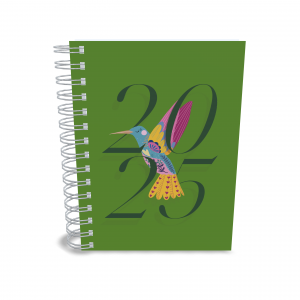 AGENDA 2025 - BEIJA FLOR Capa dura com laminação e miolo em Offset 75g 21x15cm 4x1 / 4x4 Fosco / Brilho / Holográfico Corte reto Elástico e chaveiro