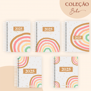 AGENDA 2025 - BOHO Capa dura com laminação e miolo em Offset 75g 21x15cm 4x1 / 4x4 Fosco / Brilho / Holográfico Corte reto Elástico e chaveiro