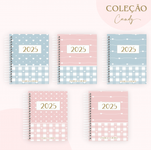 AGENDA 2025 - CANDY Capa dura com laminação e miolo em Offset 75g 21x15cm 4x1 / 4x4 Fosco / Brilho / Holográfico Corte reto Elástico e chaveiro
