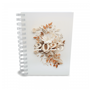 AGENDA 2025 - FLOR DE PAPEL Capa dura com laminação e miolo em Offset 75g 21x15cm 4x1 / 4x4 Fosco / Brilho / Holográfico Corte reto Elástico e chaveiro