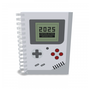 AGENDA 2025 - GAME RETRÔ Capa dura com laminação e miolo em Offset 75g 21x15cm 4x1 / 4x4 Fosco / Brilho / Holográfico Corte reto Elástico e chaveiro