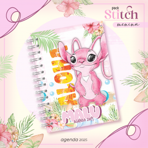AGENDA ESCOLAR / BERÇÁRIO / CRECHE STITCH ROSA Capa dura com laminação e miolo em Offset 75g 21x15cm 4x1 / 4x4 Fosco / Brilho / Holográfico Corte reto Elástico e chaveiro