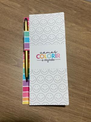 BLOQUINHO COM CANETA Papel Glossy 230g - Papel Offset 75g 9x19cm 4x4 Brilho Corte reto 