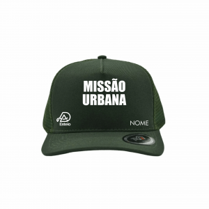 Boné MISSÃO URBANA Tela 100% Poliéster TRUCKER SEM LIMITAÇÃO DE COR Aba curva com 6 costuras Tamanho adulto, ajustável com regulador Snapback. 
