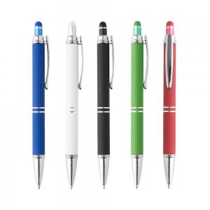 Caneta Metal Touch Metal  Laser  Ref. 05017 Caneta metálica touchscreen com acabamento similar à borracha e parte inferior texturizada,  acionamento por clique e carga esferográfica azul 1.0mm.
