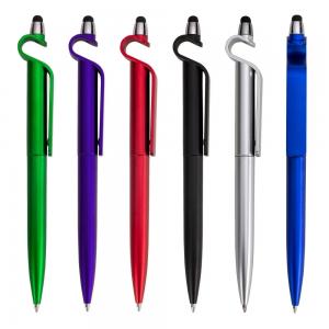 Caneta Plástica Touch com Suporte Plastica   UV Ref. 13499B Caneta plástica com suporte para celular e touch screen. Carga esferográfica azul e acionamento por rotação.